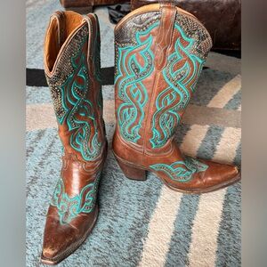 Lucchese Brown and Teal Heeled Western Boots